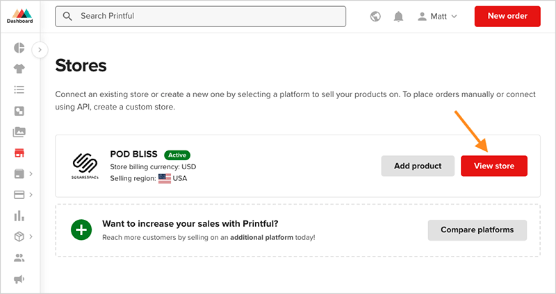 Accessing your Squarespace store in the Printful dashboard