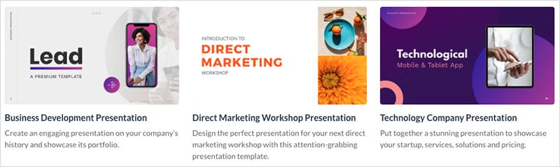 Some examples of presentation templates in Visme.