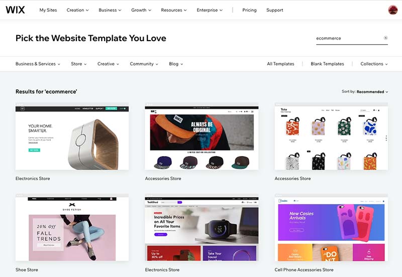 Wix ecommerce templates.