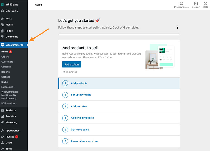 WooCommerce settings in the WordPress dashboard menu.