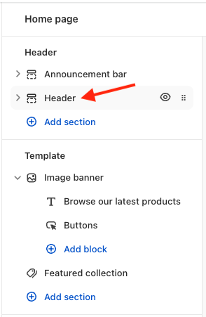 Accessing the header in the Shopify theme customizer.