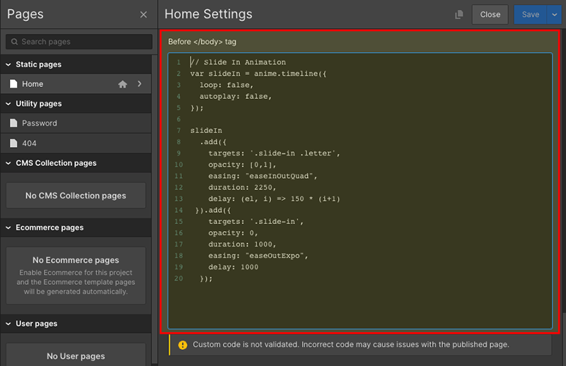 Adding custom code in Webflow