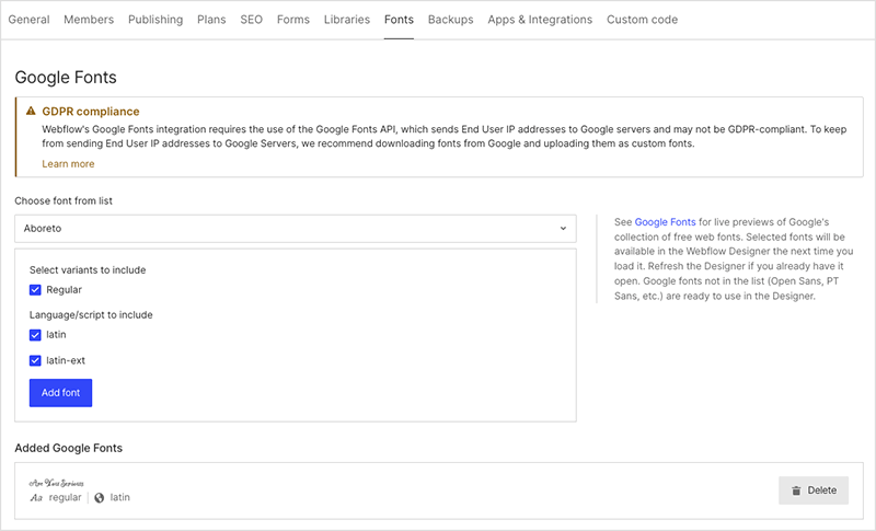 Adding Google fonts in the Webflow backend