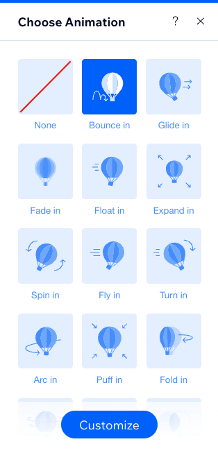 Animation settings in Wix.