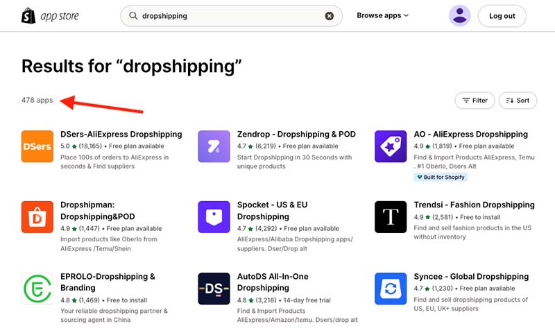 Some of the 478 dropshipping apps that are currently available for Shopify in its app store.
