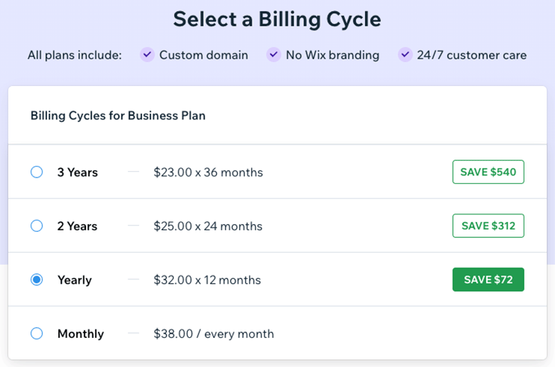 Choosing a billing cycle in Wix