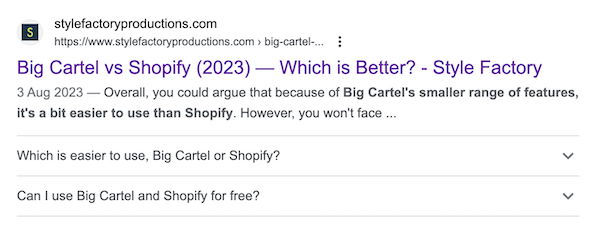 Example of an FAQ snippet being displayed in search results