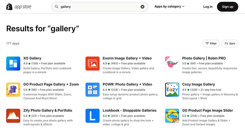 Gallery apps in the Shopify app store