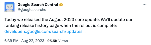 Official announcement on Twitter of the August 2023 core update.