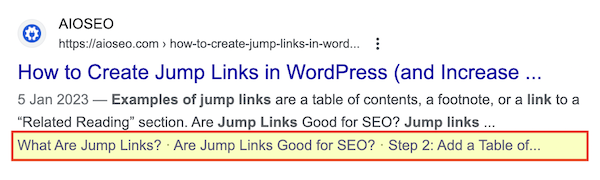 Example of jump links being surfaced in search results