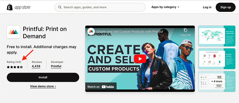 The Printful app in the Shopify app store.