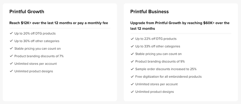 'Printful memberships' discount tiers.