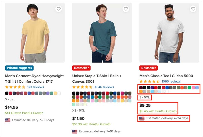 Price, color, size and shipping details are immediately visible on each item in Printful's product catalog.