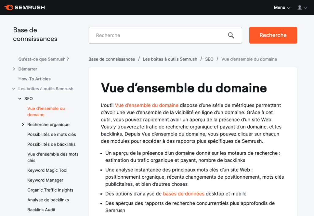 An image of French-language Semrush help page.