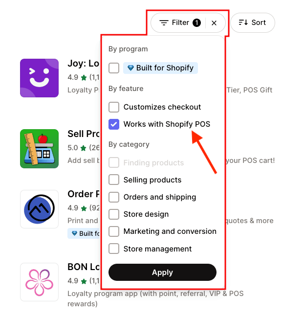 Shopify app store filters.