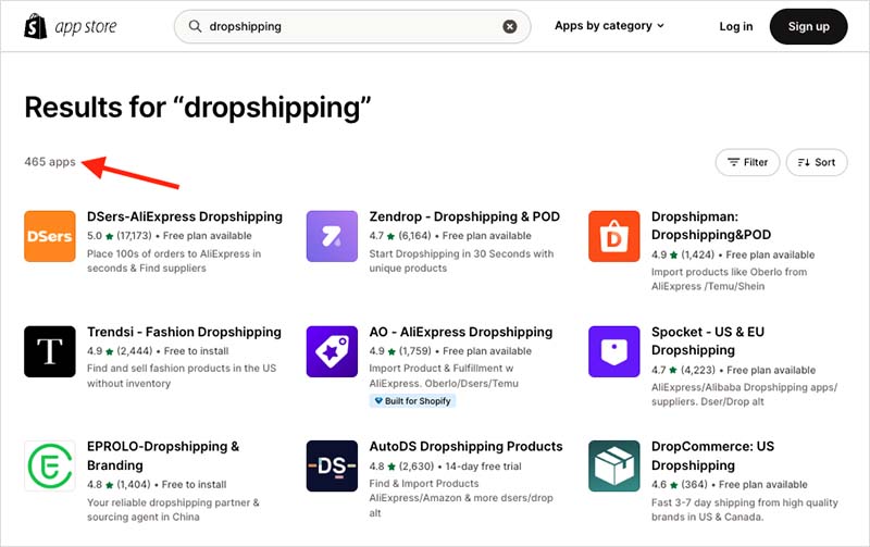 A selection of some of the dropshipping apps available in the Shopify App Store.