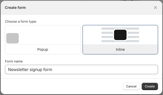 Using the 'Shopify Forms' app to create popup and inline forms.