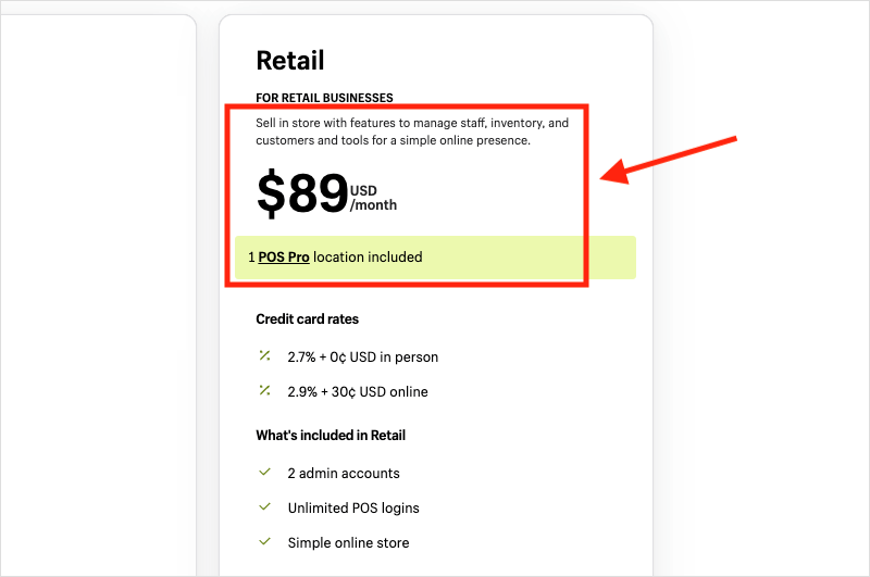 Shopify 'POS Pro' monthly pricing.