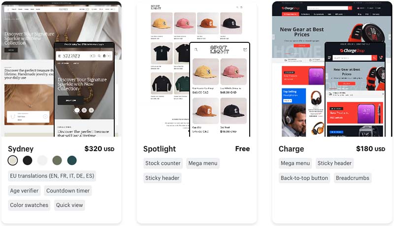 Some examples of free and paid-for Shopify themes.