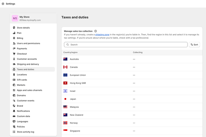 Tax and duties settings in Shopify.