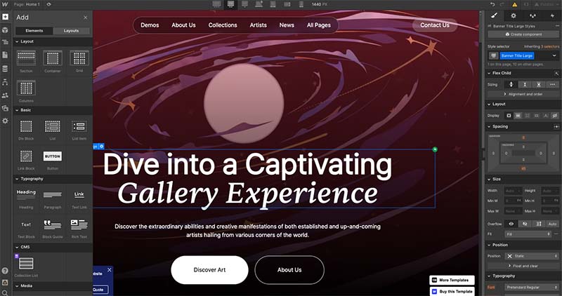 The Webflow design interface
