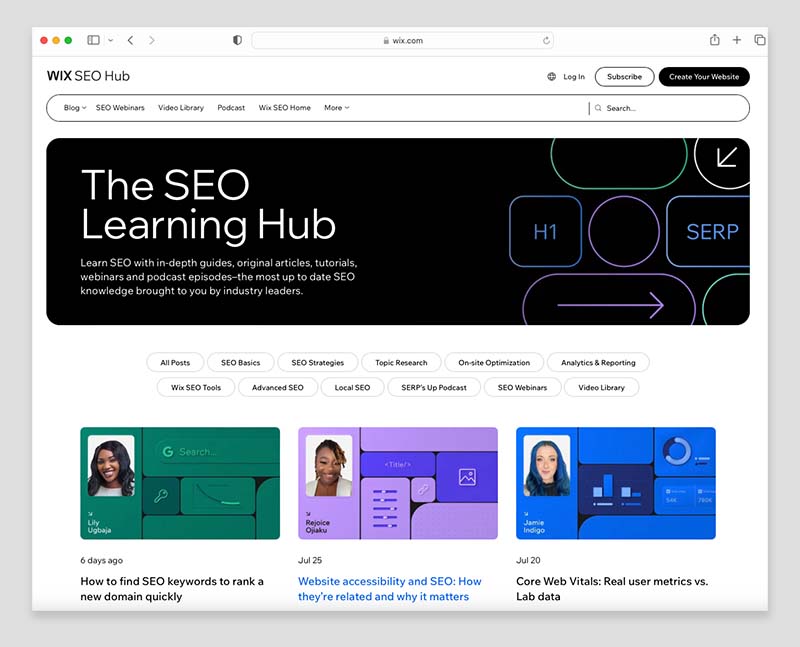 Wix's 'SEO Learning Hub' resource page.