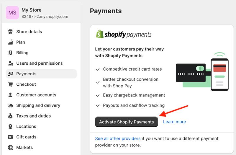 The activation process for Shopify Payments