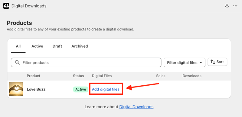 Adding a digital file to your product listing via the 'Digital Downloads' dashboard.