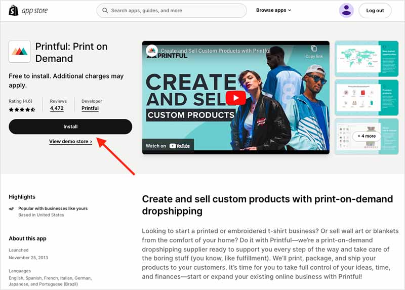 Adding the Printful app to Shopify.