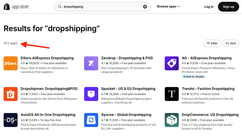 A selection of dropshipping apps available from the Shopify app store