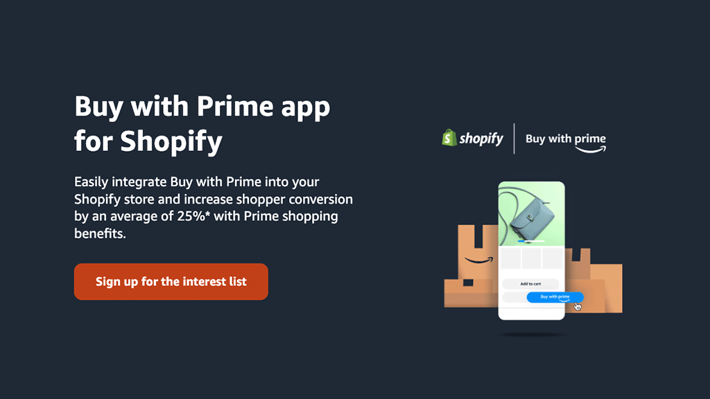 The 'Buy with Prime for Shopify' page on the Amazon website.