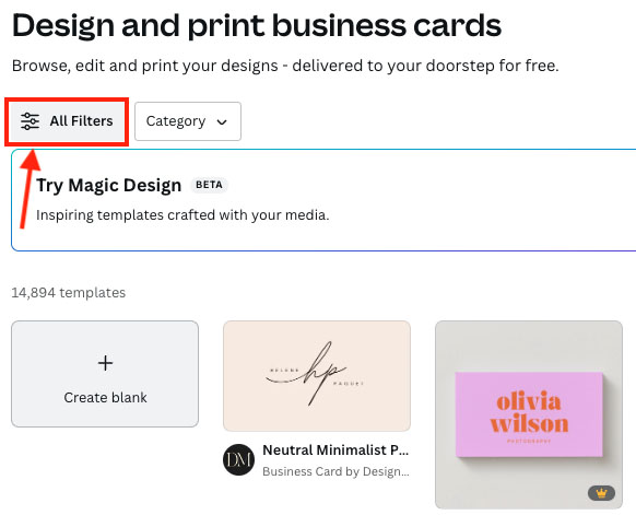 Filtering Canva's business card templates.