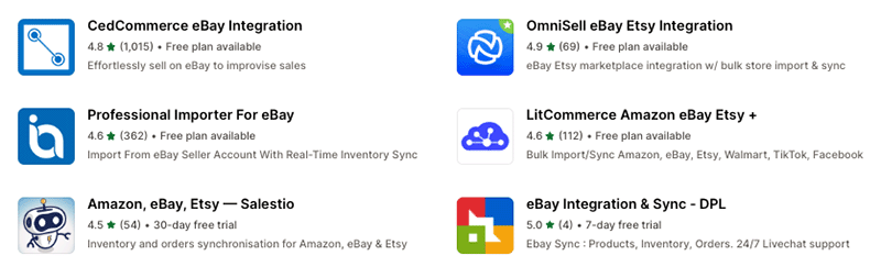 Some apps in the Shopify app store for integrating eBay and Shopify.