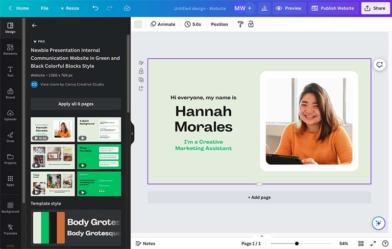 Editing a website in Canva.