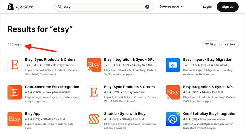 Etsy related apps in the official Shopify app store.