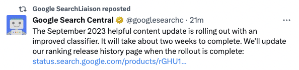 Google's official announcement of the September Helpful Content Update