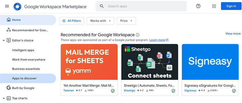Google Workspace Marketplace app directory.