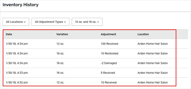 Accessing inventory history in Square.