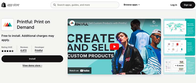 The Printful app in the Shopify app store.
