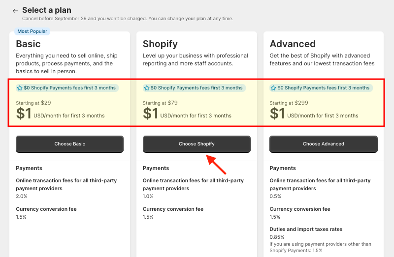 Shopify pricing with its 1 dollar for 3 months offer applied