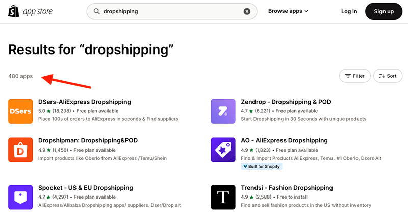Dropshipping apps in the Shopify app store.