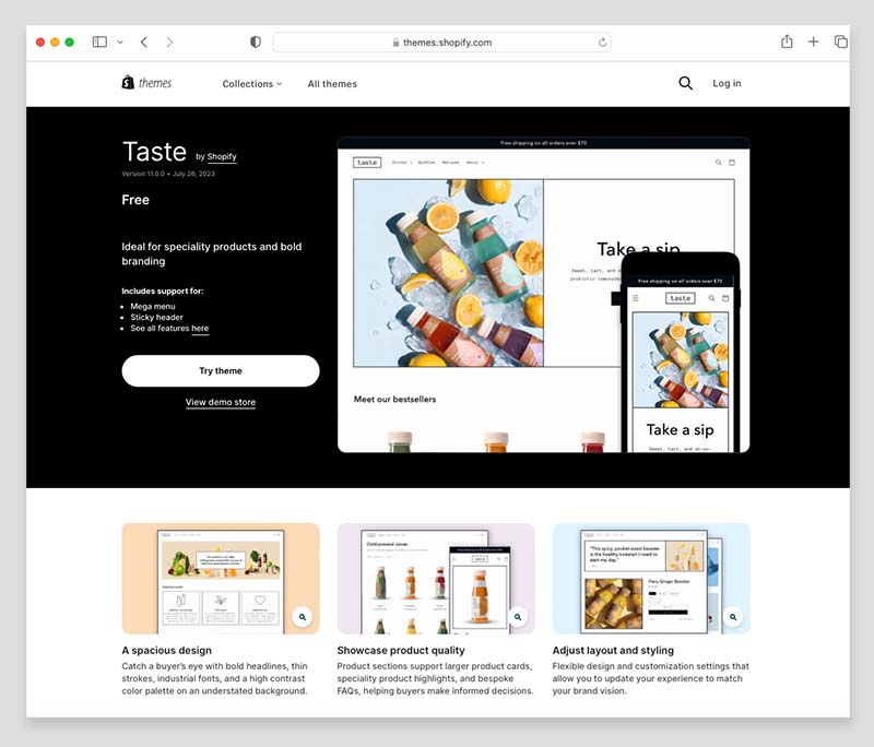 The free 'Taste' theme in the Shopify theme store.