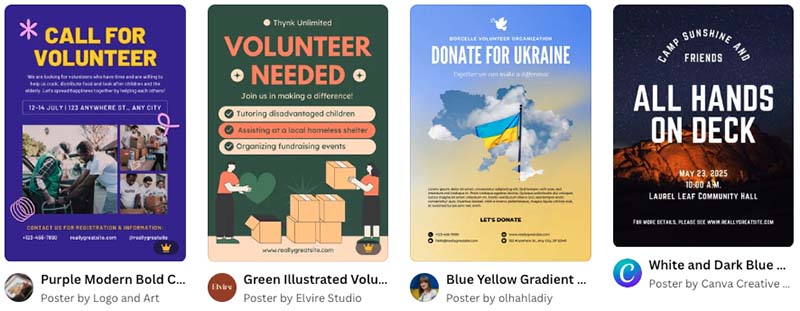 Some examples of volunteer poster templates from Canva's template library.