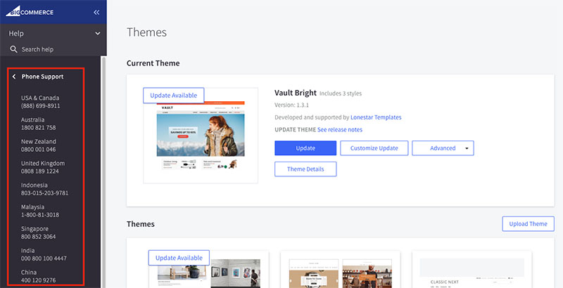 Accessing BigCommerce phone support via your dashboard
