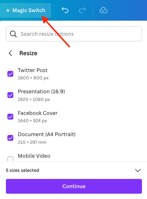 Canva's 'Magic Switch' resizing tool.