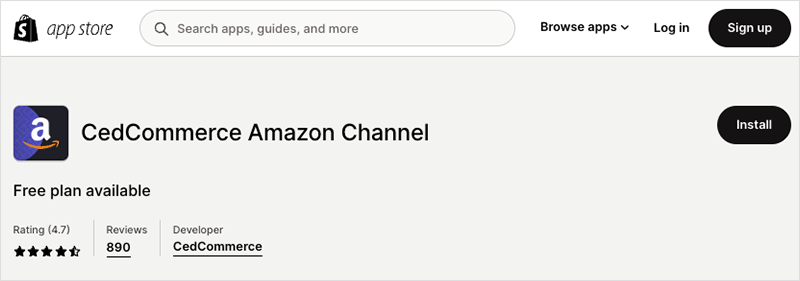 The 'CedCommerce Amazon Channel' app in the Shopify app store