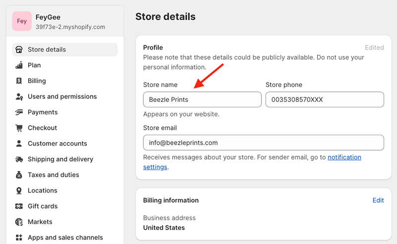 Changing your store name in Shopify settings.