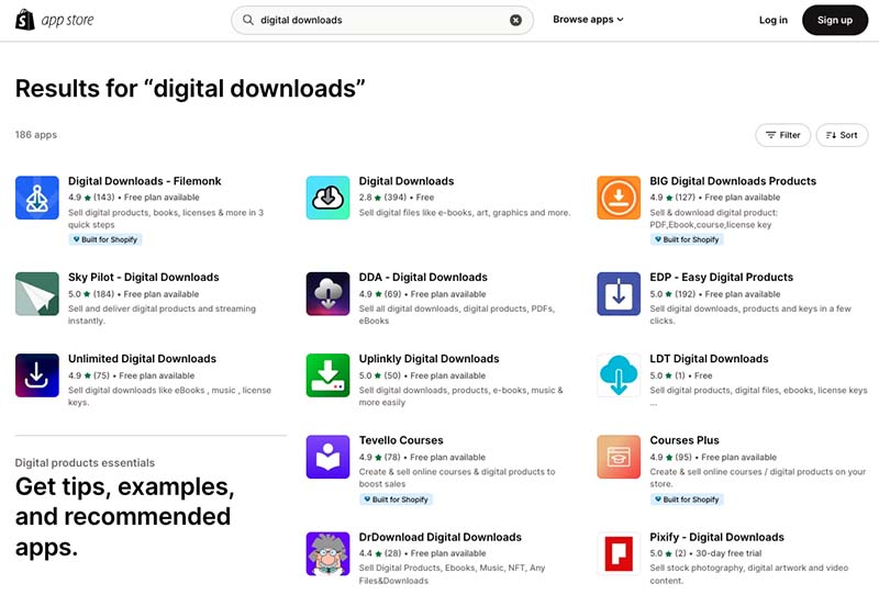 Digital downloads apps in the Shopify app store.