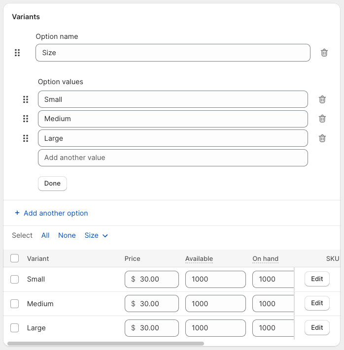 Adding product options and variants.