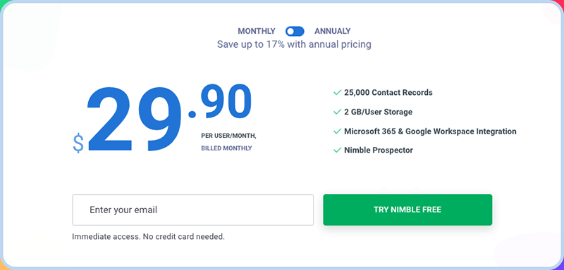 Nimble CRM monthly pricing.